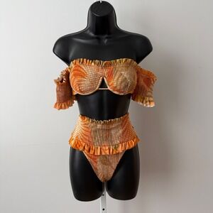 BFyne sz S Top sz M Bottom Orange Tropical Smocked Ruffle Bikini Set